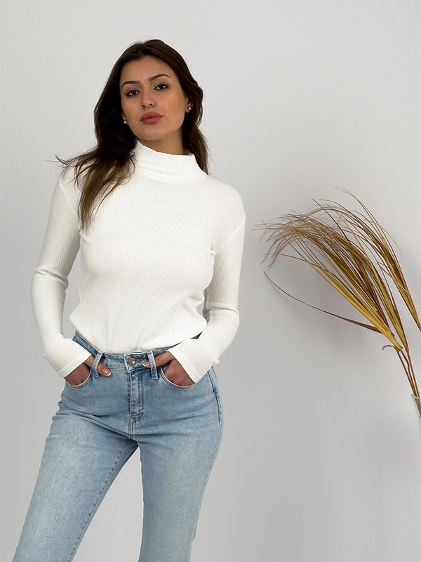Kadın Peluş Uzun Kollu Yarım Balıkçı Yaka Body 1 Adet Fitilli Ekru - L/XL