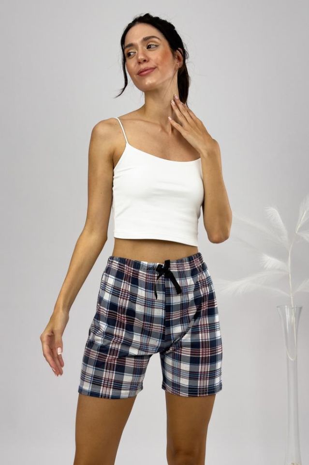 %100 Pamuk Kadın Yüksek Bel Dört Mevsim Şort Pijama Kahverengi Kare - XL