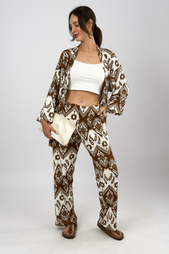 Kadın Likralı Bürümcük Kumaş Salaş Bol Paça Palazzo Pantolon Yazlık 2li Alt-Üst Takım KAHVERENGİ - XL