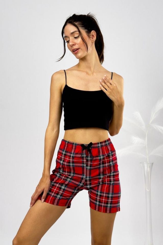 %100 Pamuk Kadın Yüksek Bel Dört Mevsim Şort Pijama Kırmızı Yeşil - S