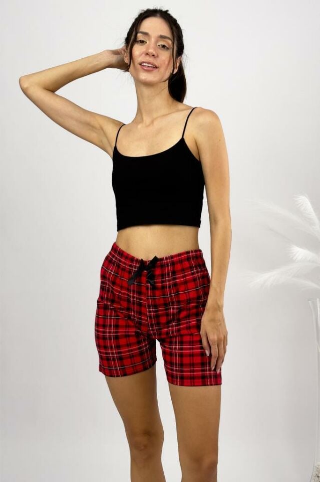 %100 Pamuk Kadın Yüksek Bel Dört Mevsim Şort Pijama Kırmızı Siyah - S