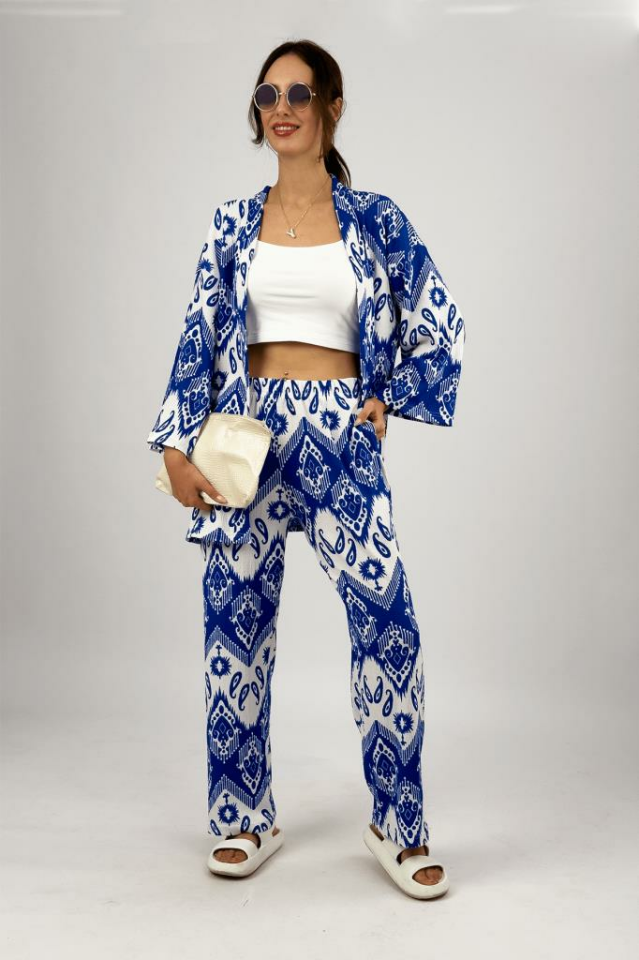 Kadın Likralı Bürümcük Kumaş Salaş Bol Paça Palazzo Pantolon Yazlık 2li Alt-Üst Takım Saks Mavi - M