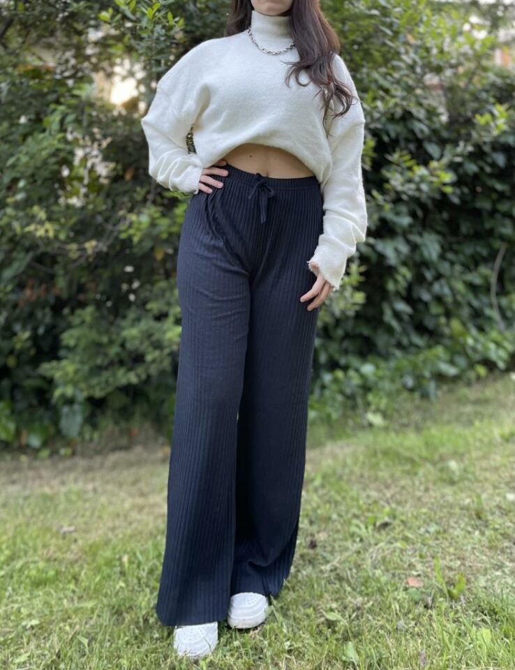 Kadın Fitilli Çizgili Penye Raporlu Pamuklu Pijama Altı Eşofman Ş.Lacivert - Tek Ebat