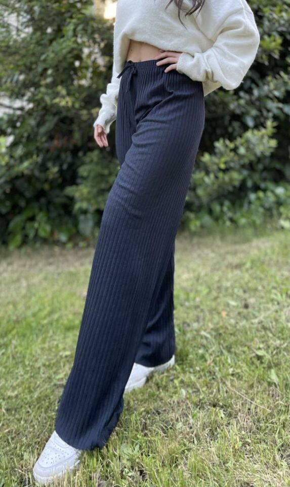 Kadın Fitilli Çizgili Penye Raporlu Pamuklu Pijama Altı Eşofman Ş.Lacivert - Tek Ebat