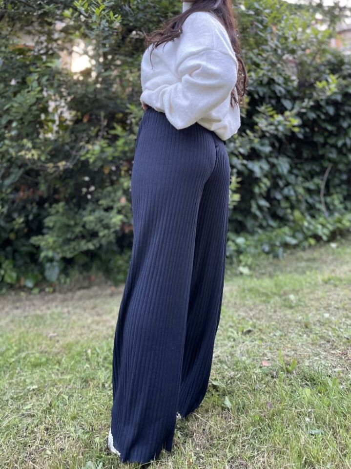 Kadın Fitilli Çizgili Penye Raporlu Pamuklu Pijama Altı Eşofman Ş.Lacivert - Tek Ebat
