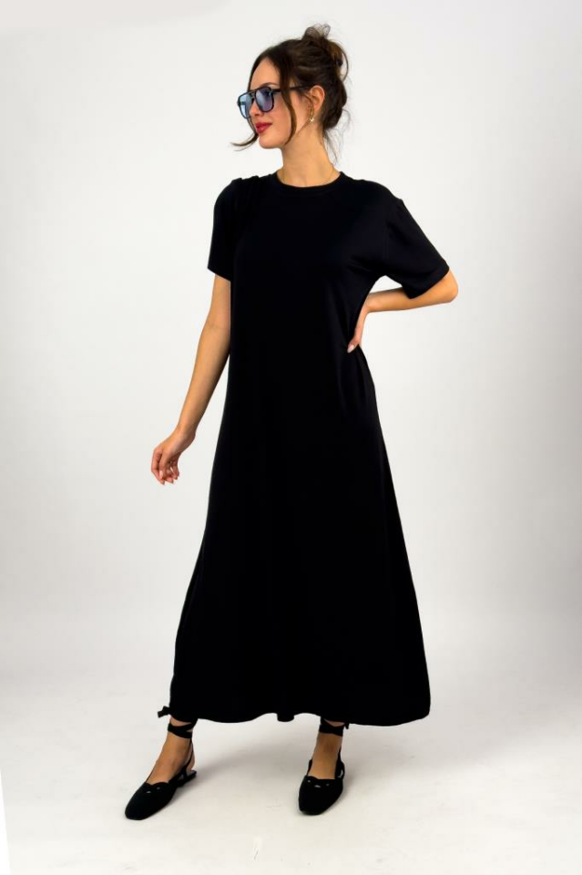 Kadın Yazlık Kısa Kollu Viskon Midi Boy Bisiklet Yaka Elbise SİYAH - L/XL