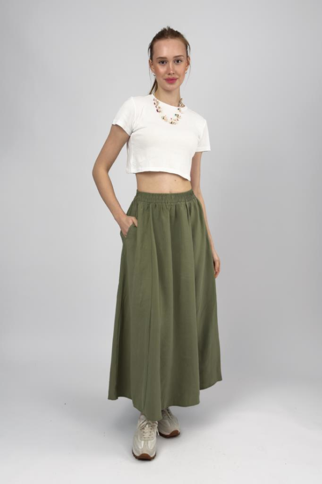 Kadın Cepli Lastikli Bel Tensel Midi Etek Haki - STD