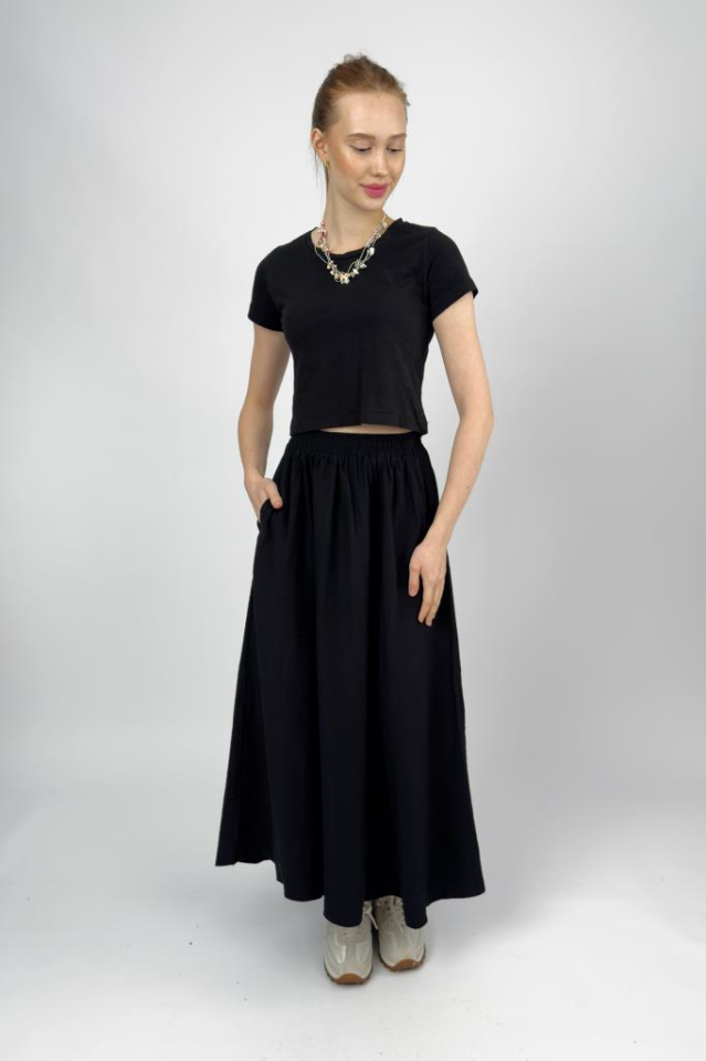 Kadın Cepli Lastikli Bel Tensel Midi Etek Siyah - STD