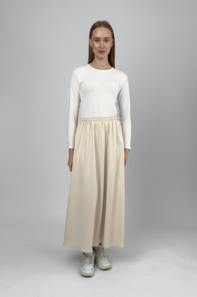 Kadın Oysho Kumaş Lastikli Bel Midi Etek Bej - STD