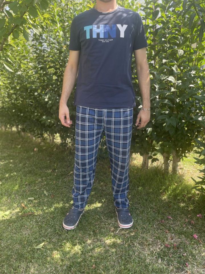 Erkek %100 Pamuk Cepsiz Beli Lastikli Pijama Altı Eşofman Lacivert Kare - S
