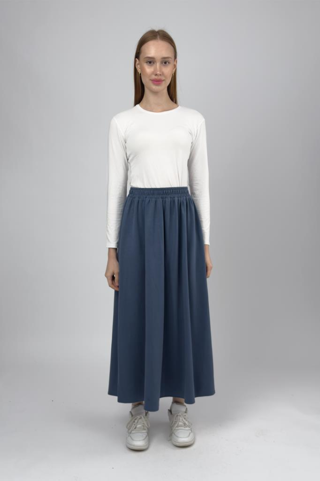 Kadın Oysho Kumaş Lastikli Bel Midi Etek İndigo - STD