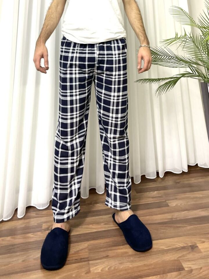 Erkek %100 Pamuk Cepsiz Beli Lastikli Pijama Altı Eşofman Lacivert Beyaz - M