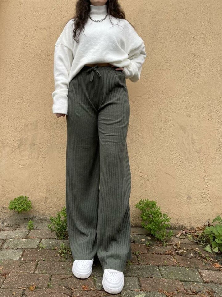 Kadın Fitilli Çizgili Penye Raporlu Pamuklu Pijama Altı Eşofman Ş.Asker Yeşili - STANDART