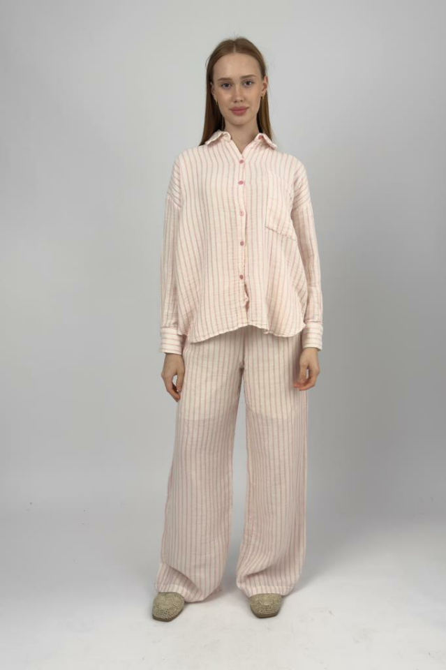 Kadın Çizgili Pamuklu Gömlek Pantolon Takım Pembe - M