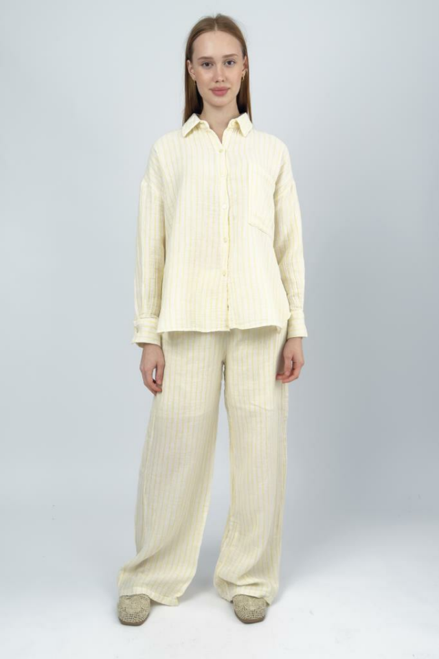 Kadın Çizgili Pamuklu Gömlek Pantolon Takım Sarı - M