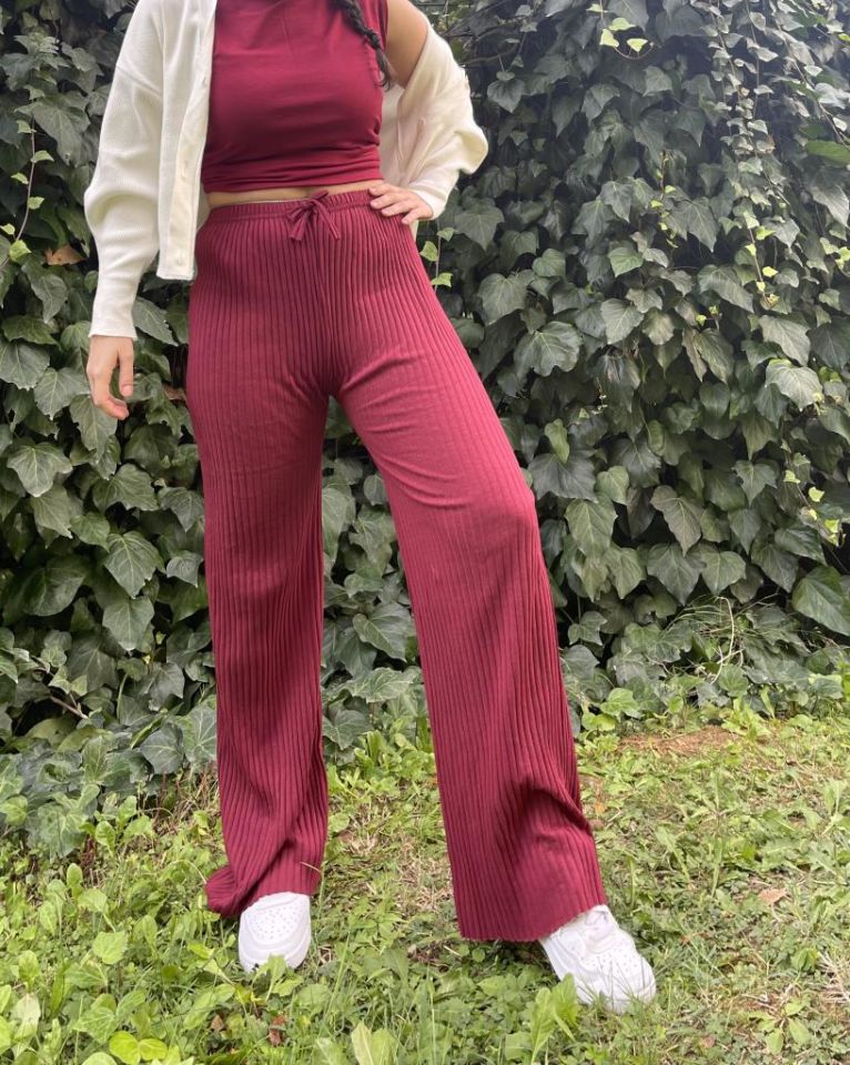 Kadın Fitilli Çizgili Penye Raporlu Pamuklu Pijama Altı Eşofman BORDO - Tek Ebat