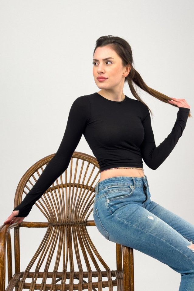 Kadın Bisiklet Yaka Parmak Detaylı Spor Body Basic Soft Touch Spor Crop SİYAH - M