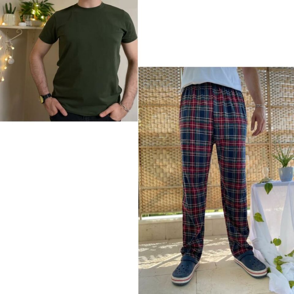 Cepli Regular Fit Alt Pamuklu Örme Bisiklet Yaka Erkek Pijama Takımı Bordo Kare- Yeşil - XXL