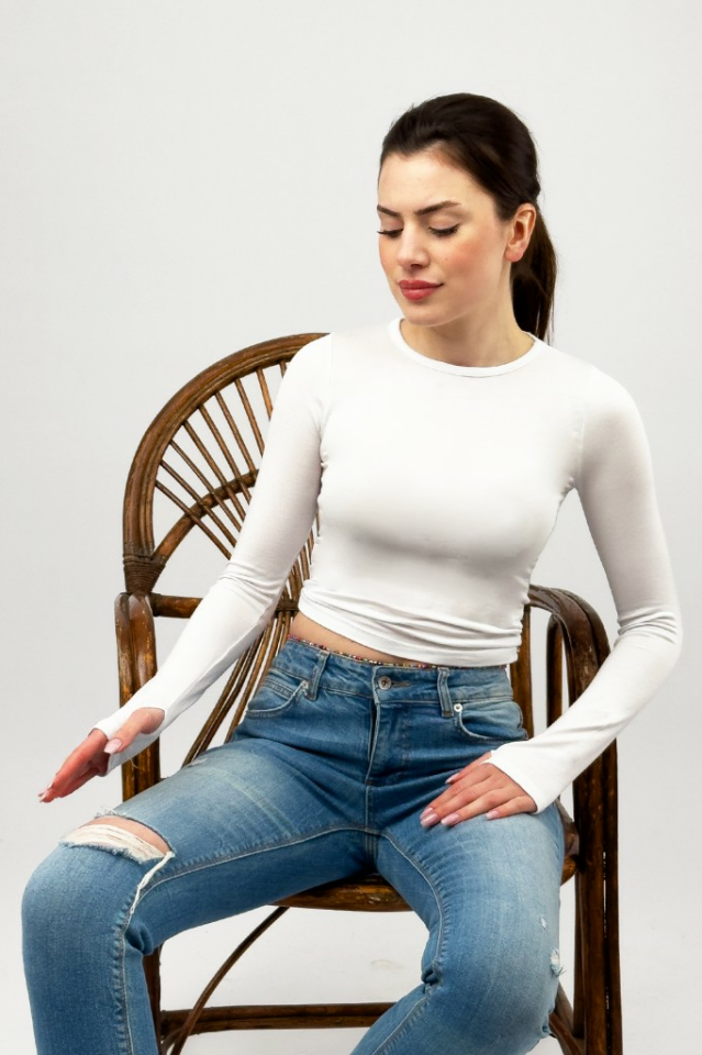 Kadın Bisiklet Yaka Parmak Detaylı Spor Body Basic Soft Touch Spor Crop BEYAZ - L
