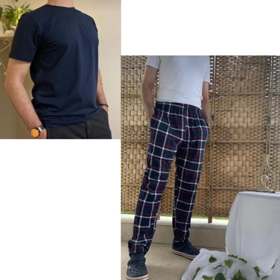 Cepli Regular Fit Alt Pamuklu Örme Bisiklet Yaka Erkek Pijama Takımı Lacivert Kare- Lacivert - XL