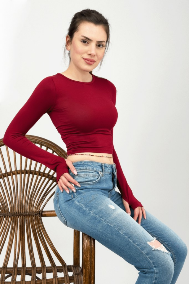 Kadın Bisiklet Yaka Parmak Detaylı Spor Body Basic Soft Touch Spor Crop BORDO - L