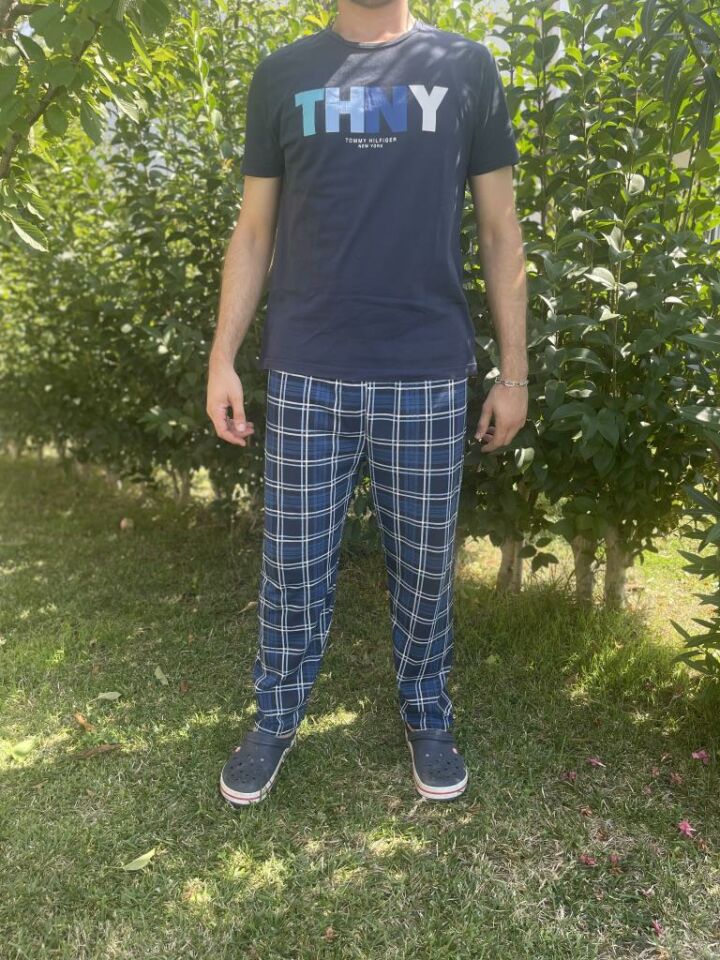 Erkek %100 Pamuk Cepsiz Beli Lastikli Pijama Altı Eşofman Lacivert Kare - XL