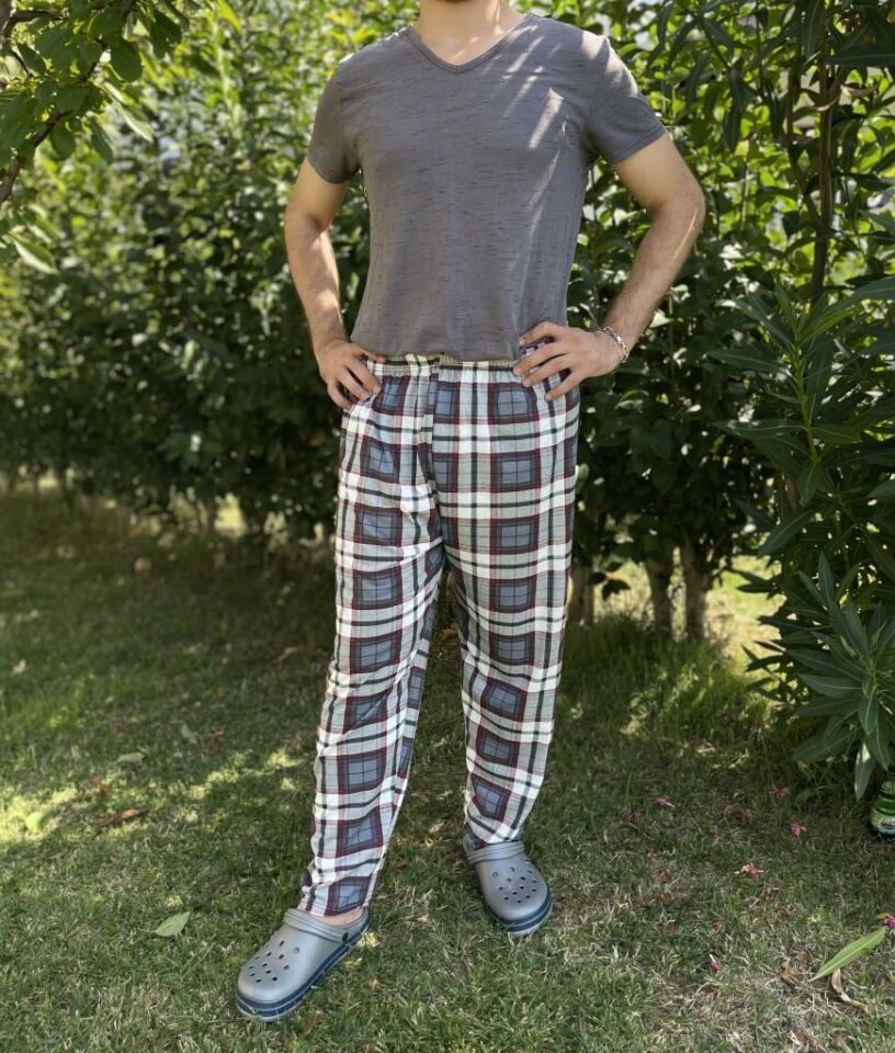Erkek %100 Pamuk Cepsiz Beli Lastikli Pijama Altı Eşofman Antrasit Kare - XL