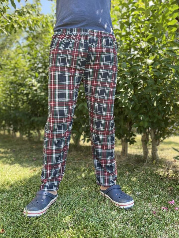 Erkek %100 Pamuk Cepsiz Beli Lastikli Pijama Altı Eşofman Bordo Kare - S