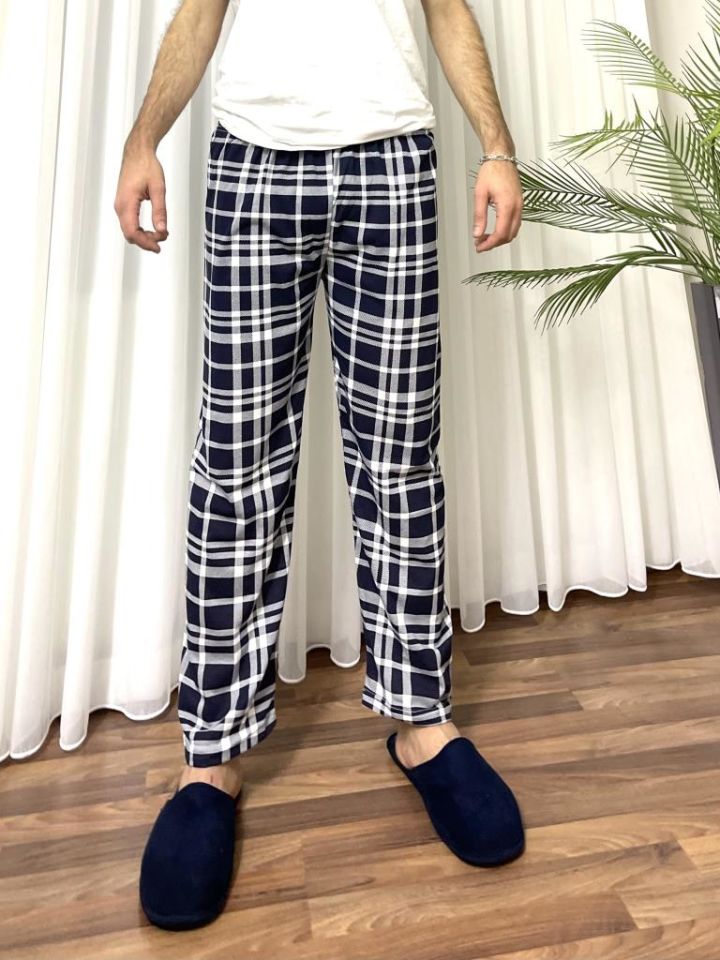 Erkek %100 Pamuk Cepsiz Beli Lastikli Pijama Altı Eşofman Lacivert Beyaz - S