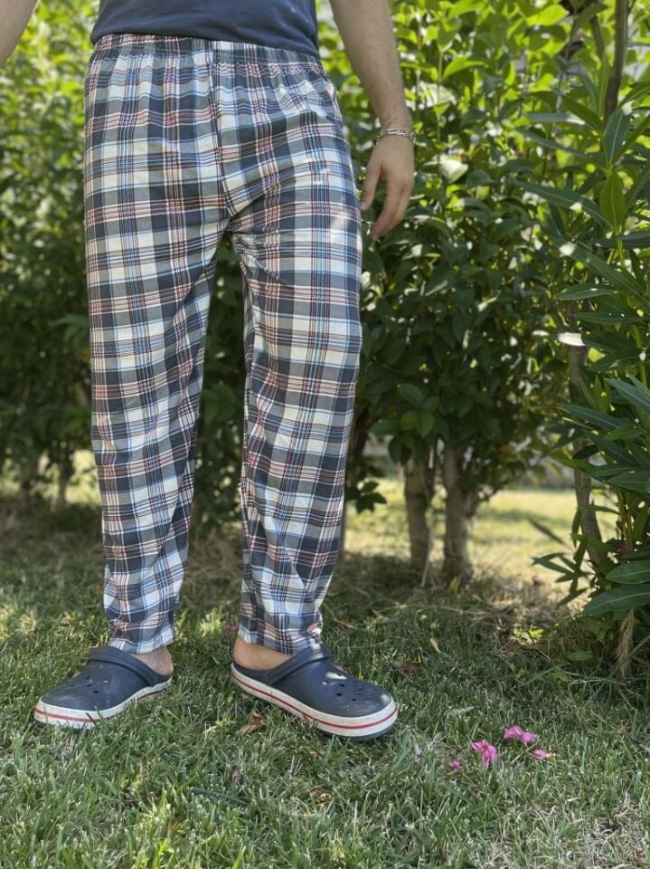 Erkek %100 Pamuk Cepsiz Beli Lastikli Pijama Altı Eşofman Kahverengi Kare - XL