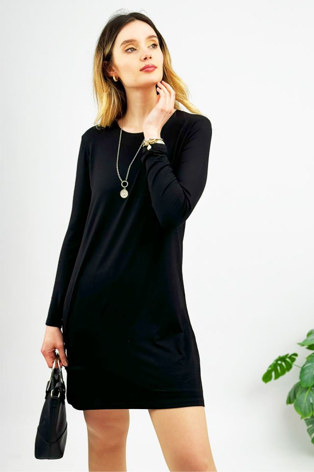 Kadın Uzun Kol Bisiklet Yaka Penye Tunik Içlik Dış Giyim SİYAH - 2XL/3XL