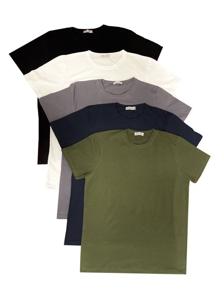 Erkek Slim Fit Dar Kesim Bisiklet Yaka Kısa Kol Pamuklu 5'li Tişört Paketi Yeşil Siyah Beyaz Gri Lacivert - S