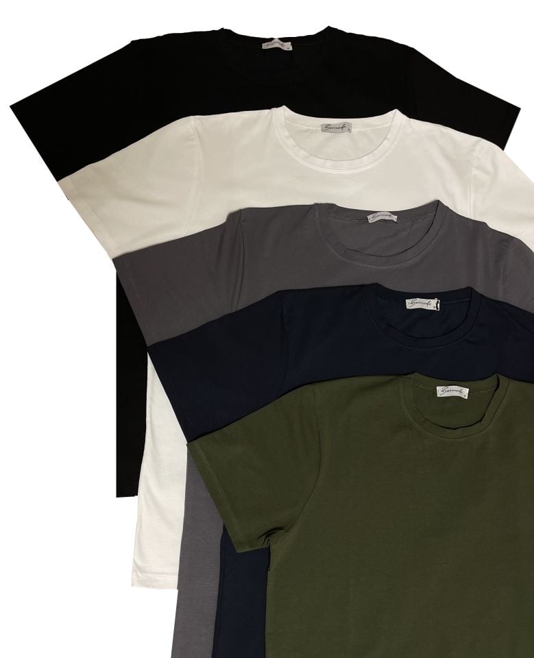Erkek Slim Fit Dar Kesim Bisiklet Yaka Kısa Kol Pamuklu 5'li Tişört Paketi Yeşil Siyah Beyaz Gri Lacivert - S