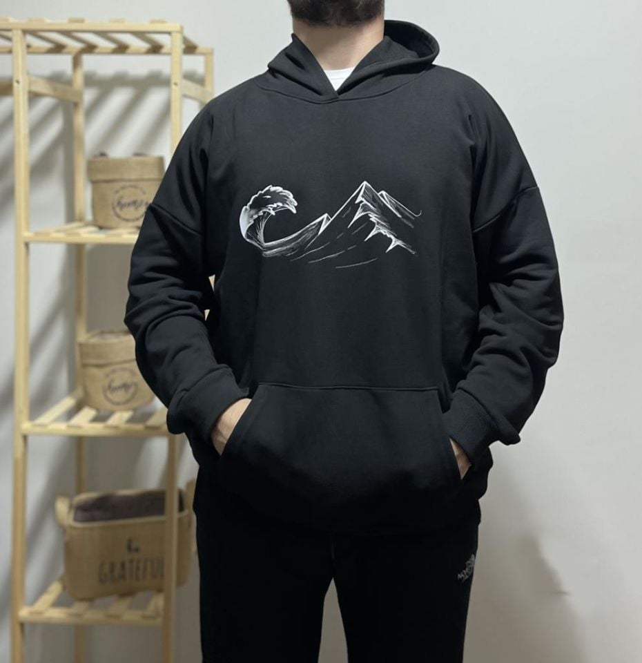 Kapüşonlu Cepli Oversize Pamuklu Hoodie Rahat Sweatshirt Siyah Baskılı - 3XL