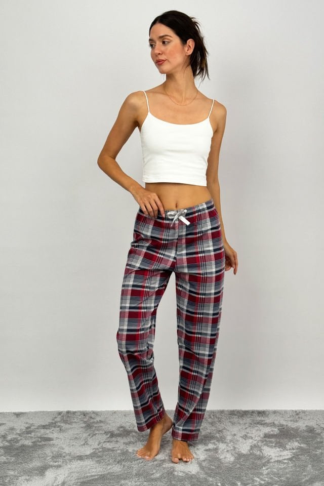 Kadın Pamuklu Ekose Desenli Pijama Altı Eşofman Kurdeleli Gri Bordo - XL