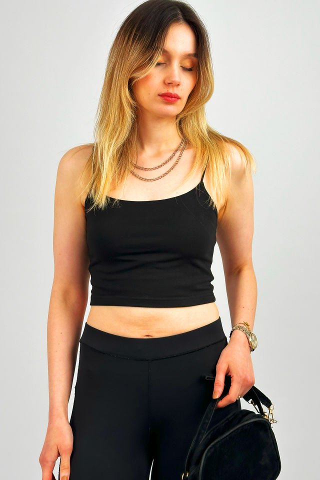 Kadın Pamuklu Crop Top Askılı Büstiyer SİYAH - M