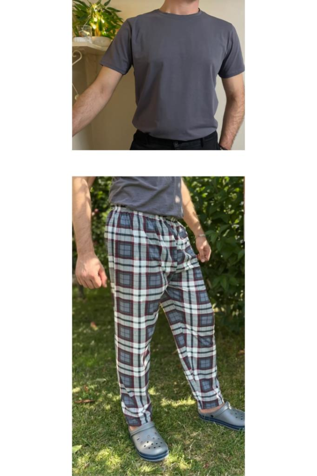 Regular Fit Alt Ekose Pamuklu Örme Bisiklet Yaka Erkek Pijama Takımı Antrasit Kare- Gri - M