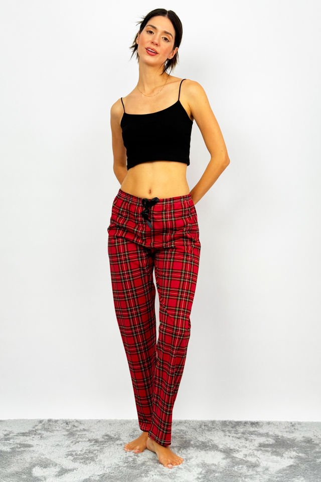 Kadın Pamuklu Ekose Desenli Pijama Altı Eşofman Kurdeleli Kırmızı Sarı - XL