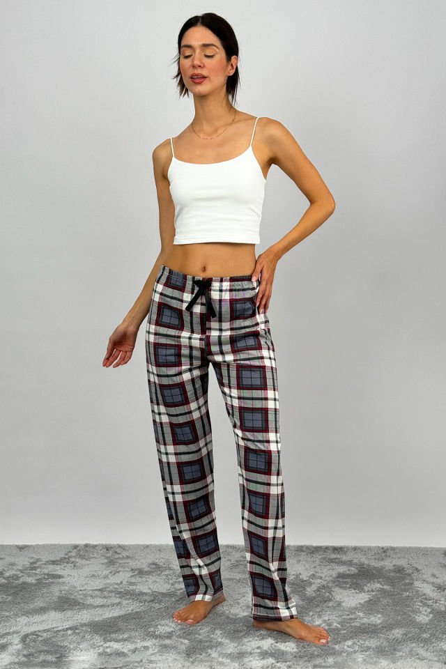 Kadın Pamuklu Ekose Desenli Pijama Altı Eşofman Kurdeleli Antrasit Kare - M