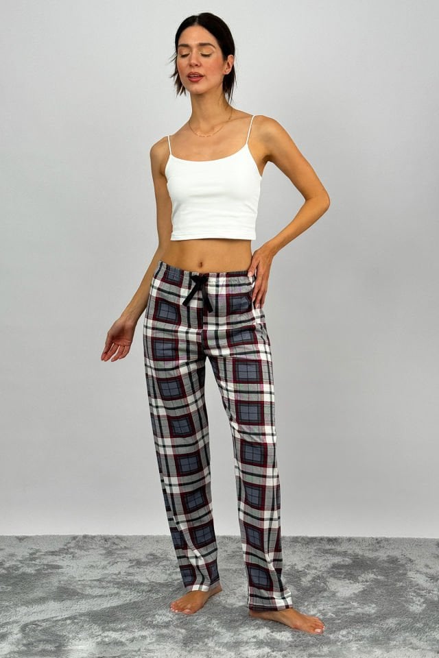 Kadın Pamuklu Ekose Desenli Pijama Altı Eşofman Kurdeleli Antrasit Kare - XL
