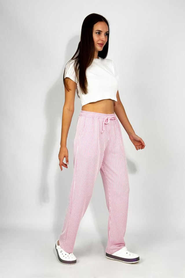 Kadın Beli Ayarlanabilir Çizgili Cepli Pantolon PEMBE - 2XL