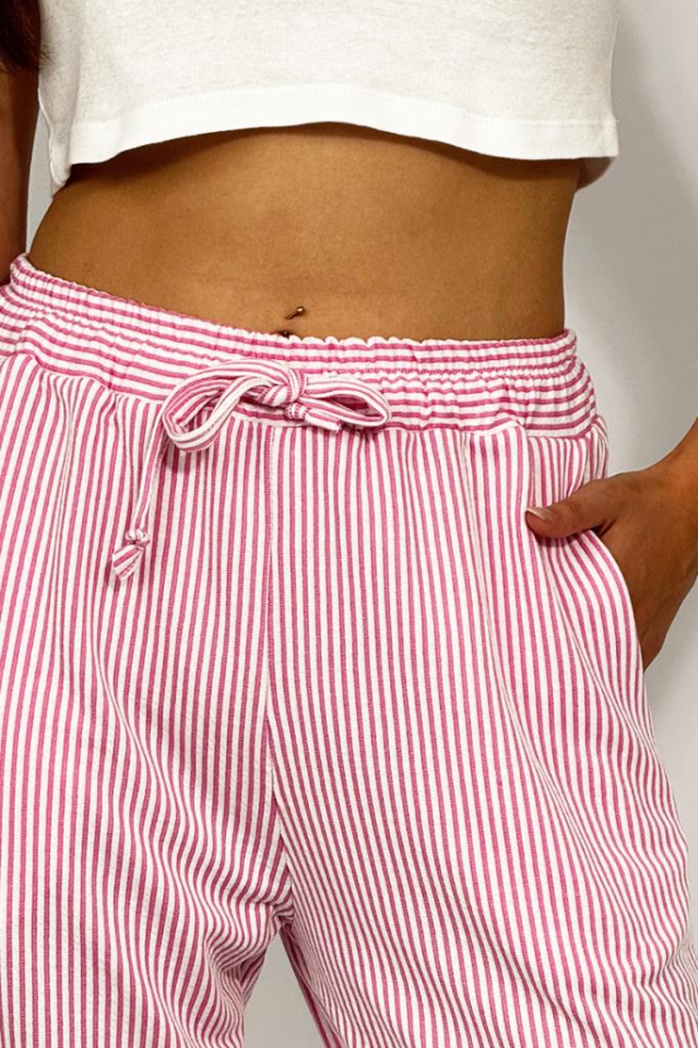 Kadın Beli Ayarlanabilir Çizgili Cepli Pantolon PEMBE - 2XL