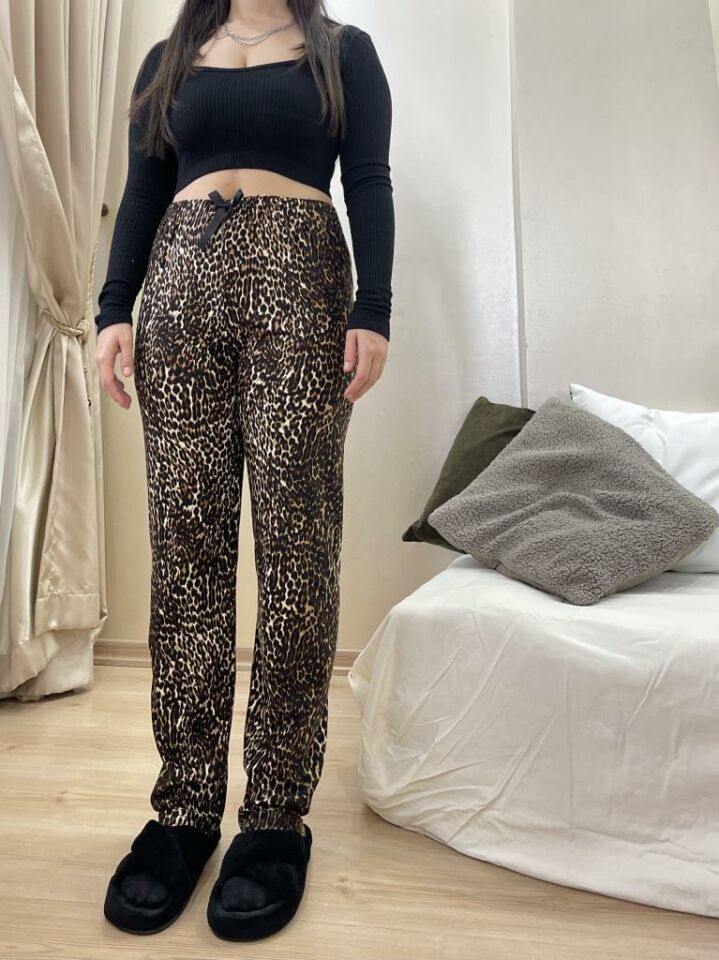 Kadın Kadife Pijama Altı Eşofman Pamuklu Leopar - S