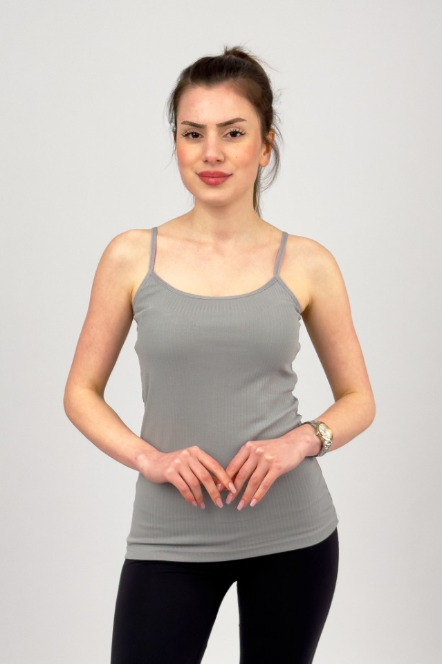 Kadın Pamuklu İp Askılı Esnek Rahat Yumuşak Dokulu Likralı Body GRİ - XL