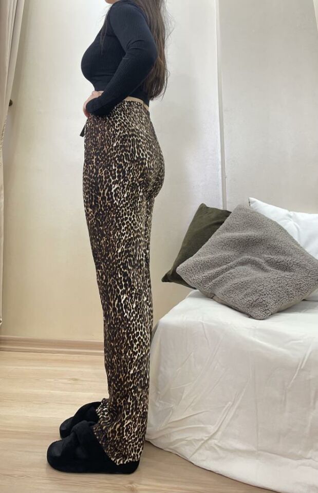 Kadın Kadife Pijama Altı Eşofman Pamuklu Leopar - L