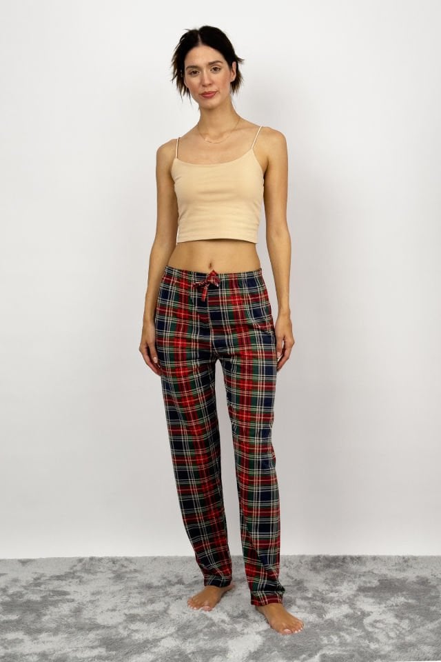 Kadın Pamuklu Ekose Desenli Pijama Altı Eşofman Kurdeleli Bordo Yeşil - XL