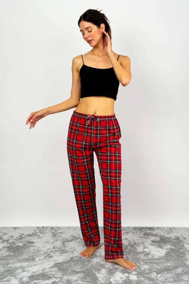 Kadın Pamuklu Ekose Desenli Pijama Altı Eşofman Kurdeleli Kırmızı Yeşil - XL