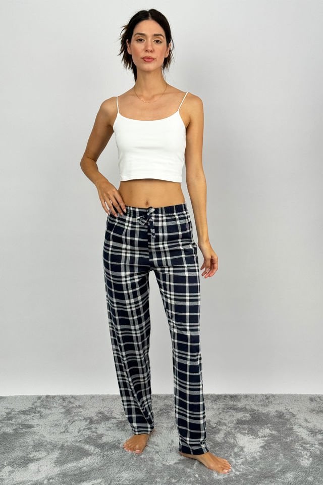 Kadın Pamuklu Ekose Desenli Pijama Altı Eşofman Kurdeleli Lacivert Beyaz - L