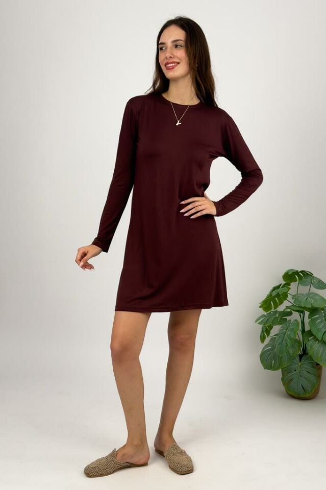 Kadın Uzun Kol Bisiklet Yaka Penye Tunik Içlik Dış Giyim Kahve - L/XL