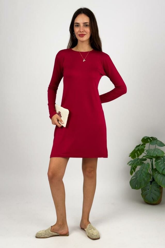 Kadın Uzun Kol Bisiklet Yaka Penye Tunik Içlik Dış Giyim BORDO - 2XL/3XL